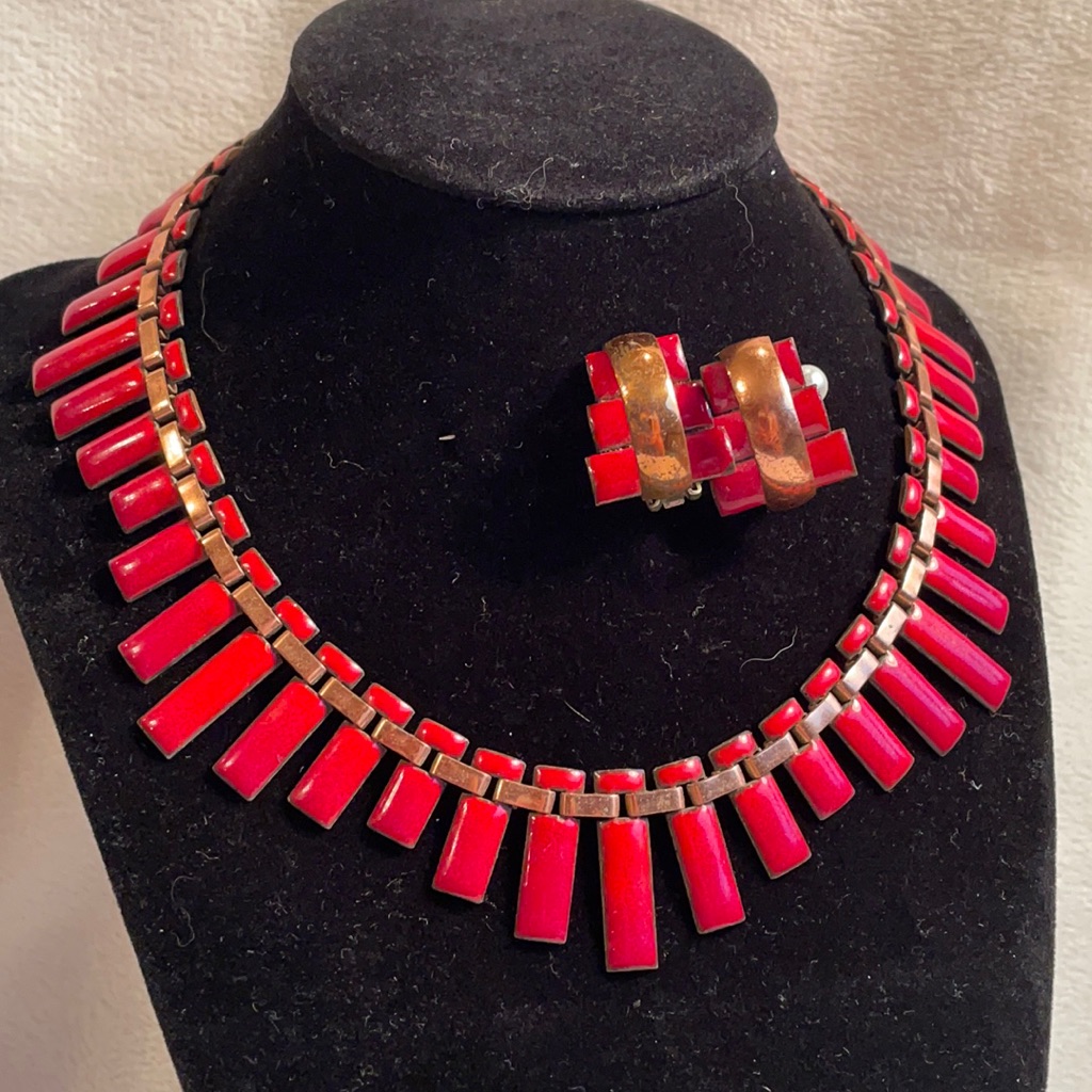 Vtg Matisse Modernist Copper And Red Enamel Choker Necklace & Earrings Set